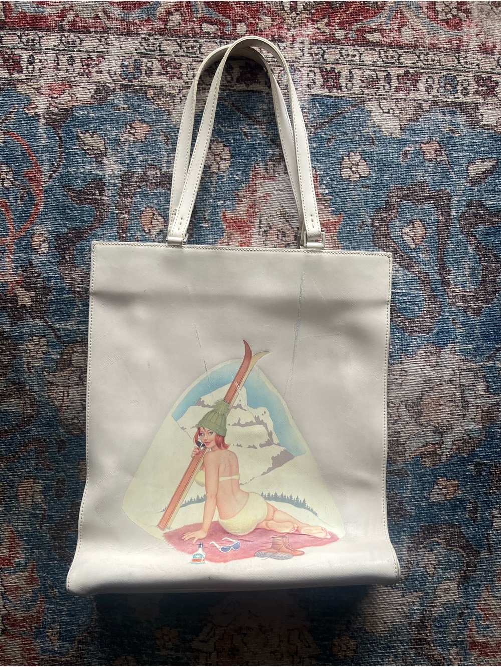 Paul Smith White Leather Tote with Retro Ski Pinup Print